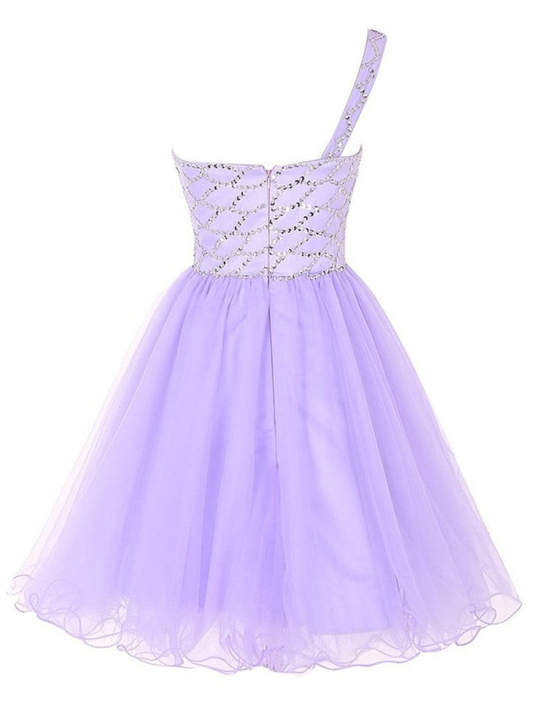 Fashion One Shoulder Violet Tulle Beaded Short Prom Dress Cute Homecoming Dresses For Party