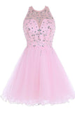 Off the Shoulder Pink Tulle Cute Gowns Backless Beaded Short Prom Dress Homecoming Dresses