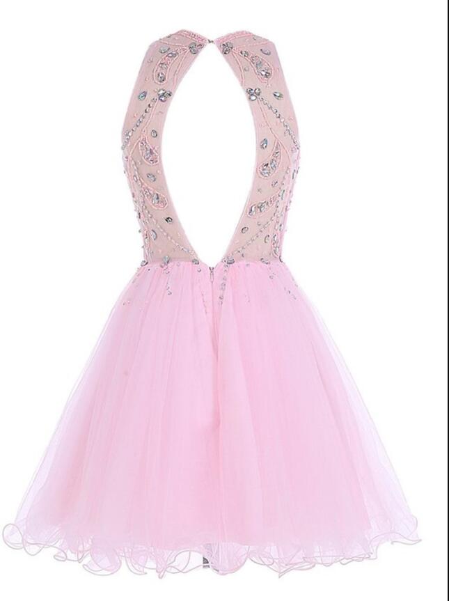 Off the Shoulder Pink Tulle Cute Gowns Backless Beaded Short Prom Dress Homecoming Dresses