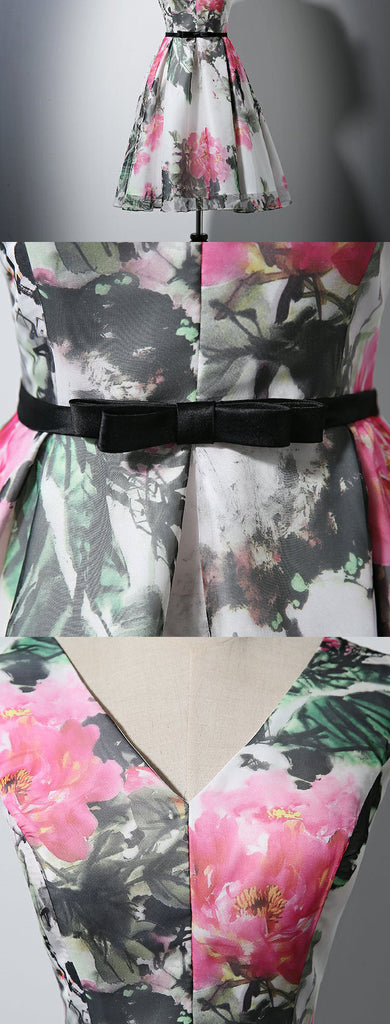 New Arrival V Neck Flowers Printed Fabric Short Prom Dress Homecoming Dresses For Party