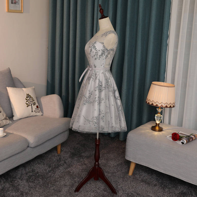 New Arrival A Line Grey Lace Knee Length Cheap Prom Dress Homecoming Dresses For Party