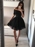 Off the Shoulder Short Sleeves Black Tulle Short Prom Homecoming Dresses Graduation Dress