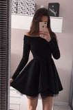 Simple Long Sleeves Black Off the Shoulder Mini Prom Homecoming Dresses Graduation Dress