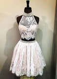 Two Pieces High Neck White Lace Pink Homecoming Dresses Short Prom Graduation Hoco Dress