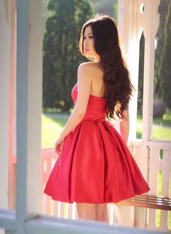A Line Strapless Red Satin Elegant Cheap Homecoming Dresses Short Prom Graduation Hoco Dress