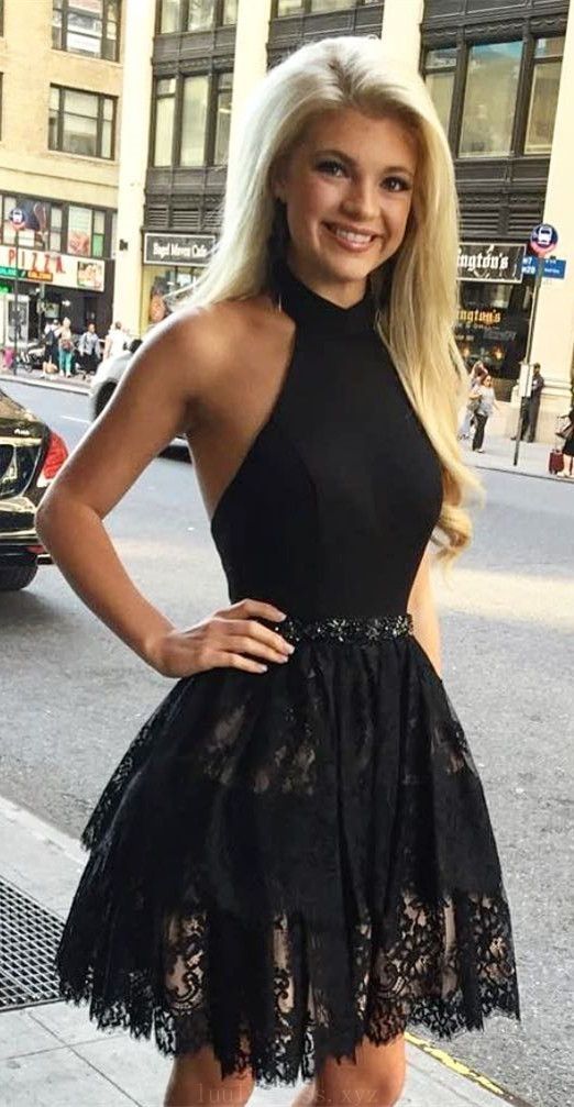 A Line Off the Shoulder Halter Black Lace Short Prom Homecoming Dresses