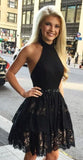 A Line Off the Shoulder Halter Black Lace Short Prom Homecoming Dresses
