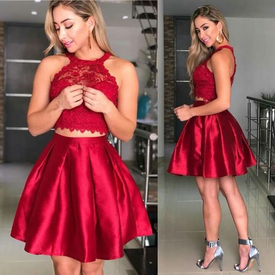 2 Piece Off the Shoulder High Neck Red Lace Short Prom Homecoming Dresses
