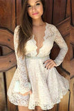 Long Sleeves Deep V Neck Ivory Lace Mini Homecoming Dresses Prom Graduation Dress
