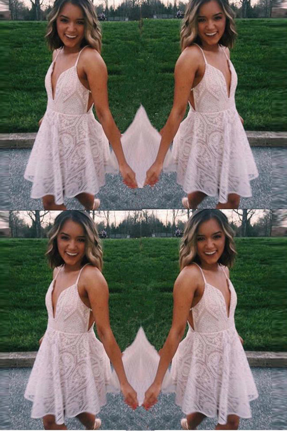 Deep V Neck Spaghetti Straps Ivory Lace Mini Homecoming Dresses Prom Graduation Dress