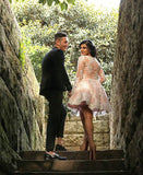 Ivory Lace Pink Long Sleeves Cute Homecoming Dresses Short Prom Hoco Graduation Dress
