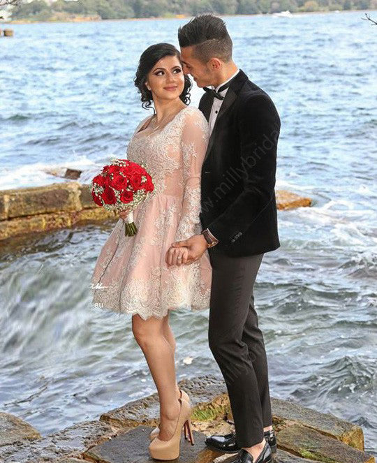 Ivory Lace Pink Long Sleeves Cute Homecoming Dresses Short Prom Hoco Graduation Dress