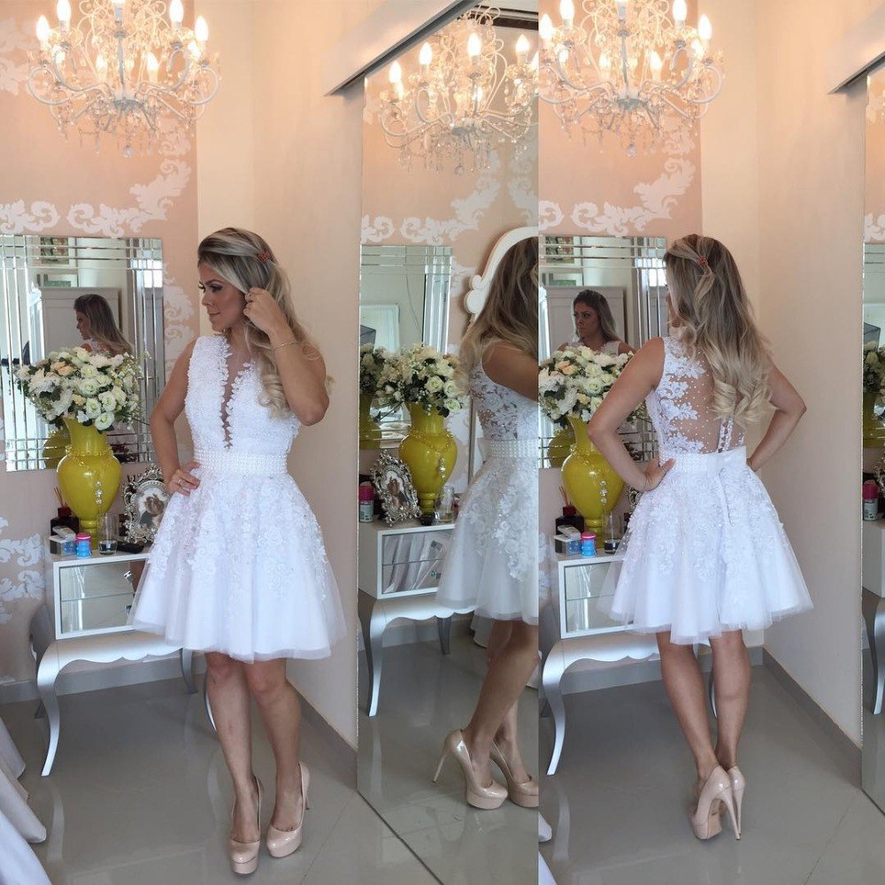 White Lace Appliques Deep V Neck Beaded See Through Homecoming Dresses Short Prom Hoco Dress