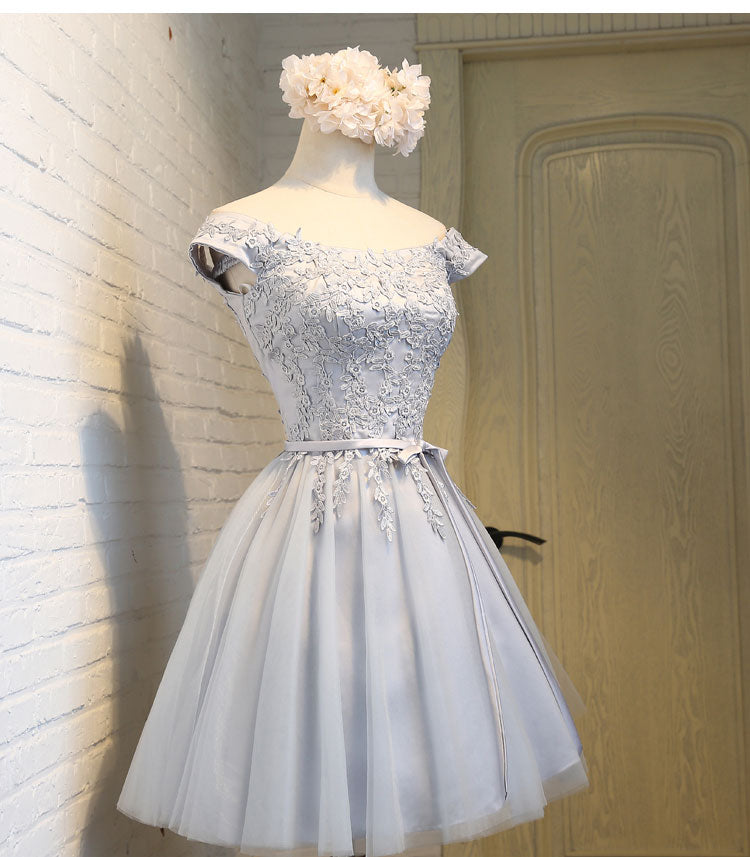 Short Sleeves Cute Dress Grey Lace Off the Shoulder Homecoming Dresses Short Prom Hoco Gown