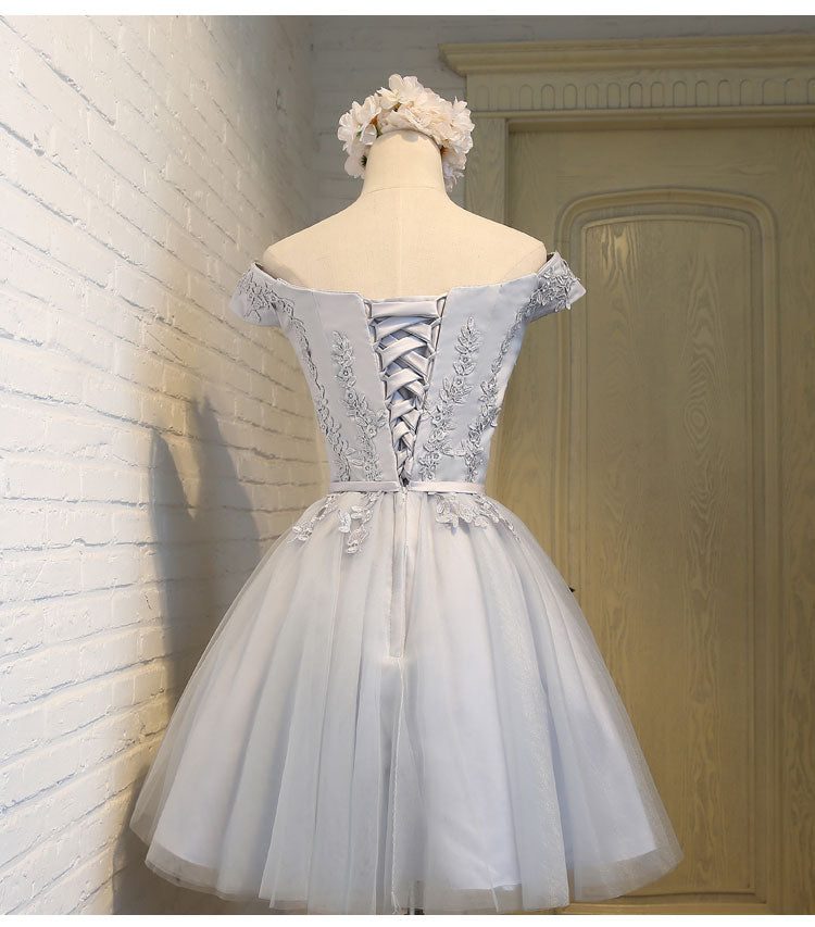 Short Sleeves Cute Dress Grey Lace Off the Shoulder Homecoming Dresses Short Prom Hoco Gown