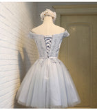 Short Sleeves Cute Dress Grey Lace Off the Shoulder Homecoming Dresses Short Prom Hoco Gown