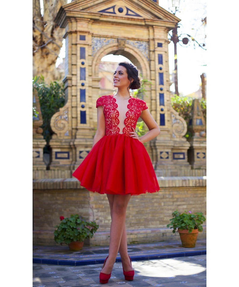 Cap Sleeves Deep V Neck Red Lace Mini Length Homecoming Dresses Prom Hoco Dress