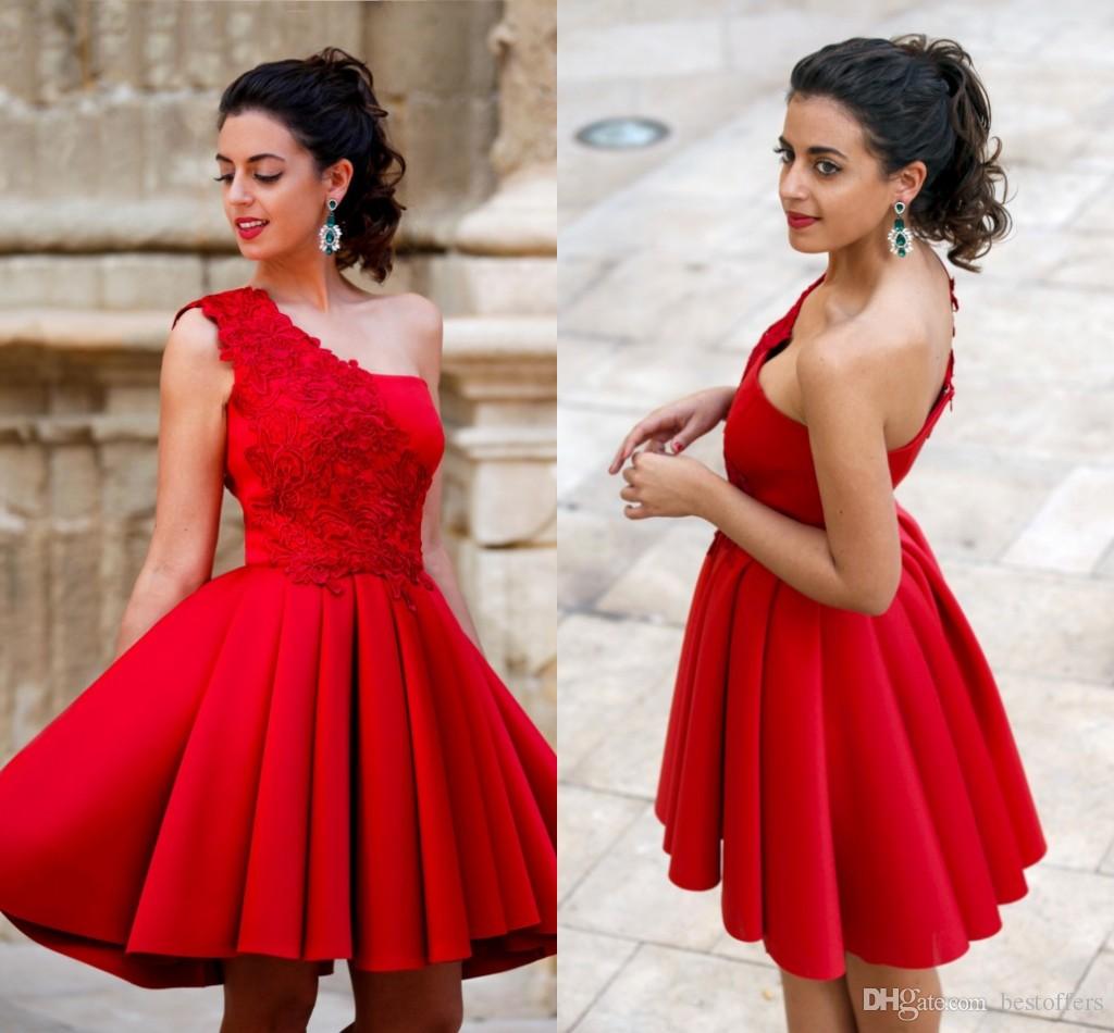 One Shoulder Red Lace Short Dresses Prom Graduation Dress