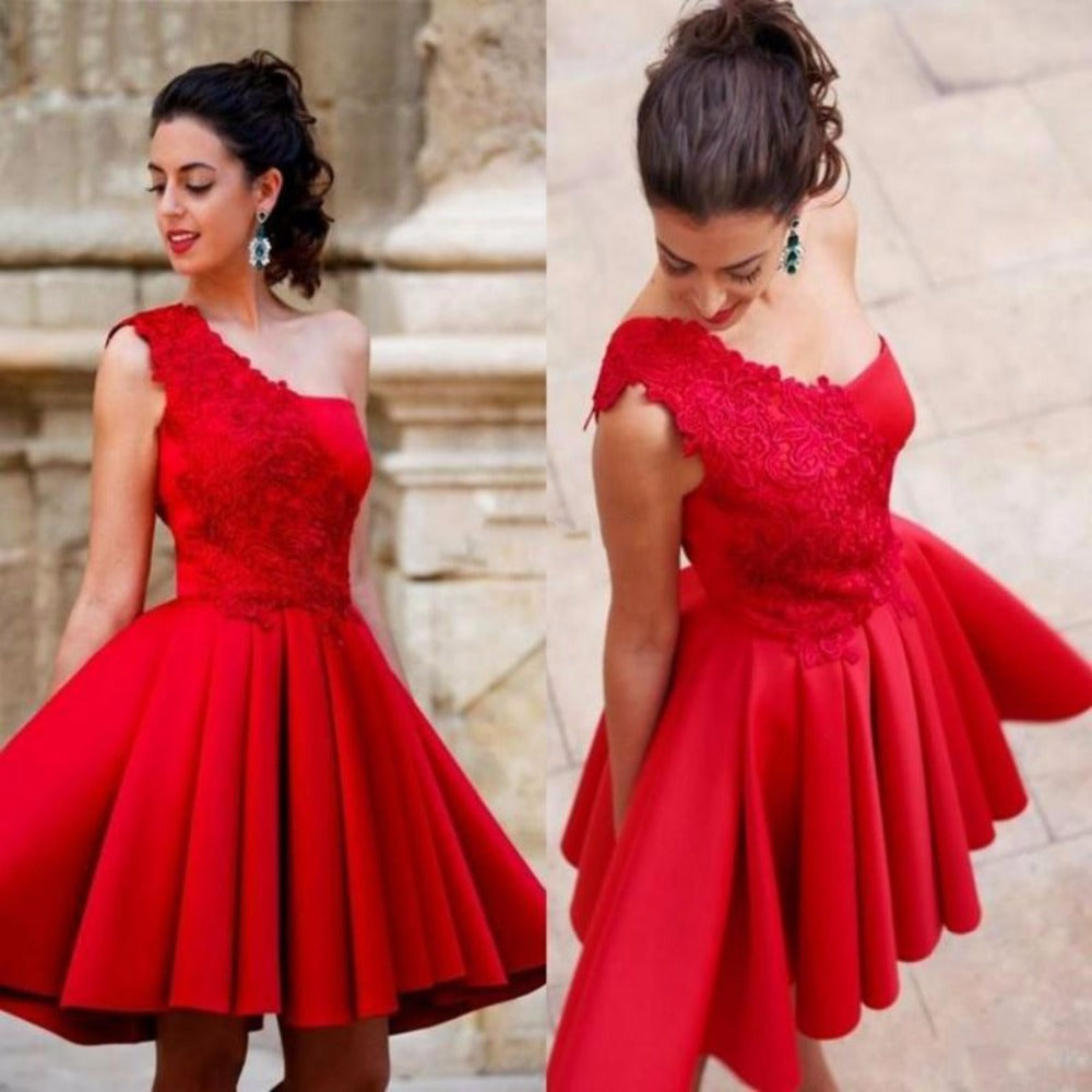 New Arrival One Shoulder Red Lace Short Homecoming Dresses Prom Graduation Dress