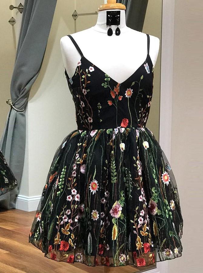 Black Lace Spaghetti Straps V Neck Homecoming Dresses Short Prom Hoco Graduation Dress