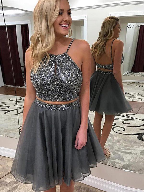 Open Back 2 Pieces Homecoming Dresses Short Spaghetti Straps Beaded Grey Prom Hoco Dress