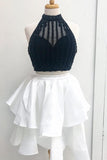 Sexy Two Pieces Homecoming Dresses Short White Red Beaded Open Back Prom Hoco Dress