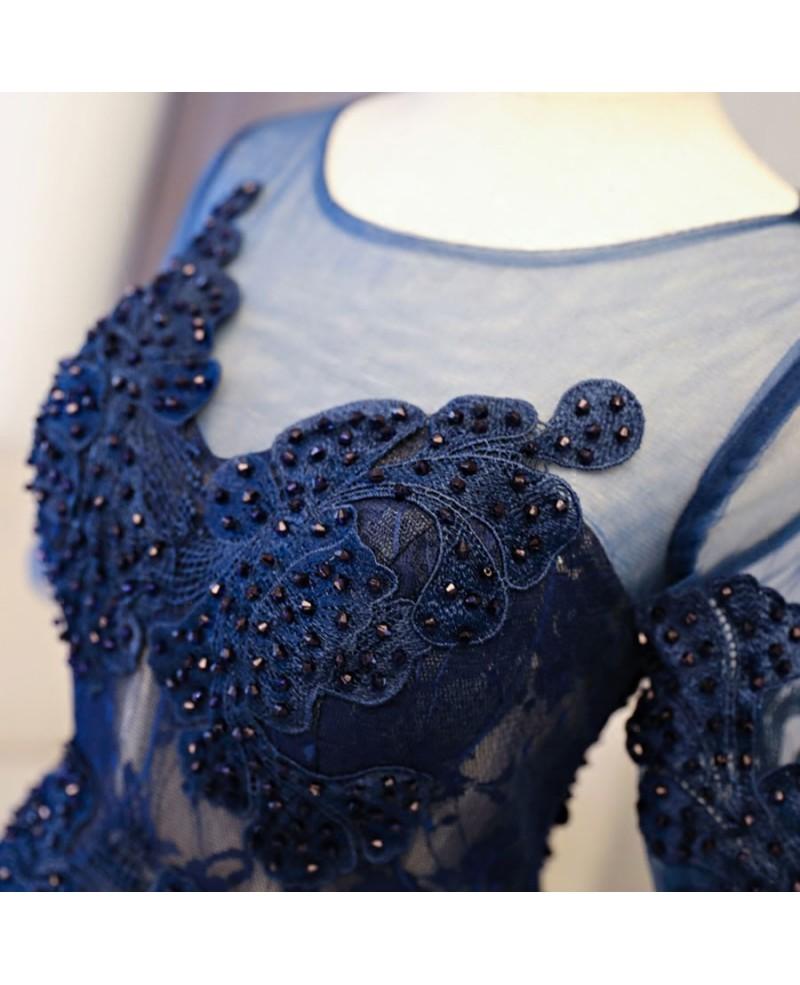 Chic Navy Blue Lace Homecoming Dresses Short Sleeves Knee Length Beaded Prom Hoco Dress