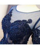 Chic Navy Blue Lace Homecoming Dresses Short Sleeves Knee Length Beaded Prom Hoco Dress