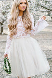 Princess White Lace Homecoming Dresses Two Pieces Long Sleeves Prom Party Dress