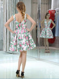 New Arrival White Printed Deep V Neck Homecoming Dresses Short Prom Party Dress