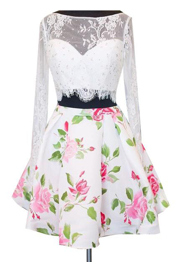 2 Piece White Backless Lace Long Sleeves Homecoming Dresses Graduation Dress