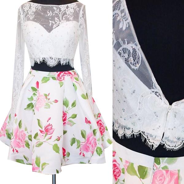 2 Piece White Backless Lace Long Sleeves Homecoming Dresses Graduation Dress