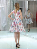 New Arrival Flower Printed V Neck Short Homecoming Dresses A Line Prom Graduation Dress