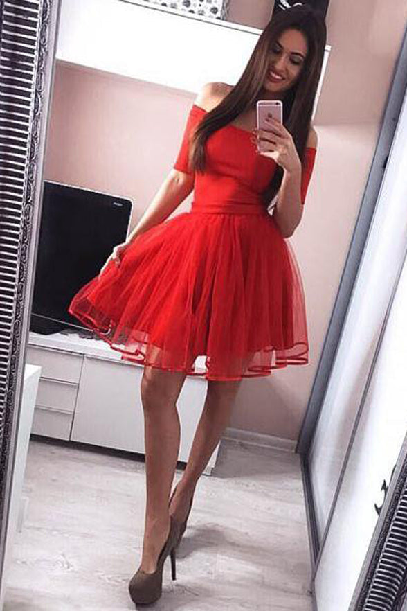 Skole lærer Poleret emne Off the Shoulder Red Homecoming Dresses Short Sleeves Cheap Prom Dress –  Laurafashionshop