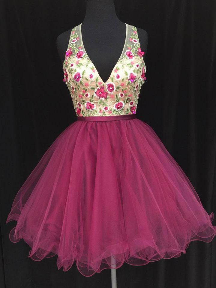 Hot Pink V Neck Embroidery Backless Homecoming Dresses Short Prom Graduation Dress