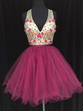 Hot Pink V Neck Embroidery Backless Homecoming Dresses Short Prom Graduation Dress