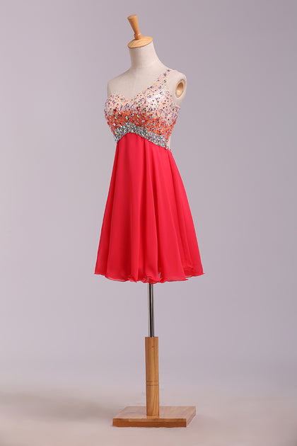 Empire Waist One Shoulder Coral Backless Plus Size Homecoming Dress Short Prom Hoco Dresses