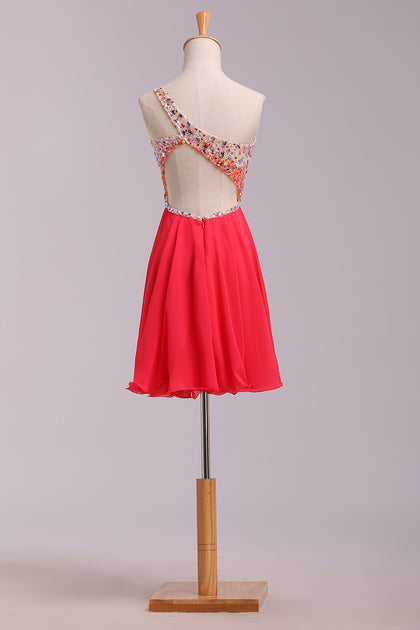 Empire Waist One Shoulder Coral Backless Plus Size Homecoming Dress Short Prom Hoco Dresses