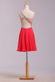 Empire Waist One Shoulder Coral Backless Plus Size Homecoming Dress Short Prom Hoco Dresses