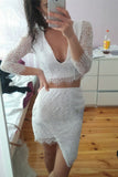 New White Lace Long Sleeves 2 Pieces Asymmetric Sheath Homecoming Dress Prom Hoco Dresses