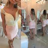 Sexy Open Back Sheath Mini Length Ivory Lace Pink Homecoming Dress Prom Hoco Dresses