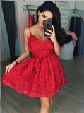 Shiny Red Lace Spaghetti Straps V Neck Homecoming Dress Short Prom Hoco Dresses