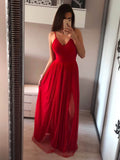 Elegant Spaghetti Straps V Neck Red Split Long Prom Dresses Evening Dress Party Gown