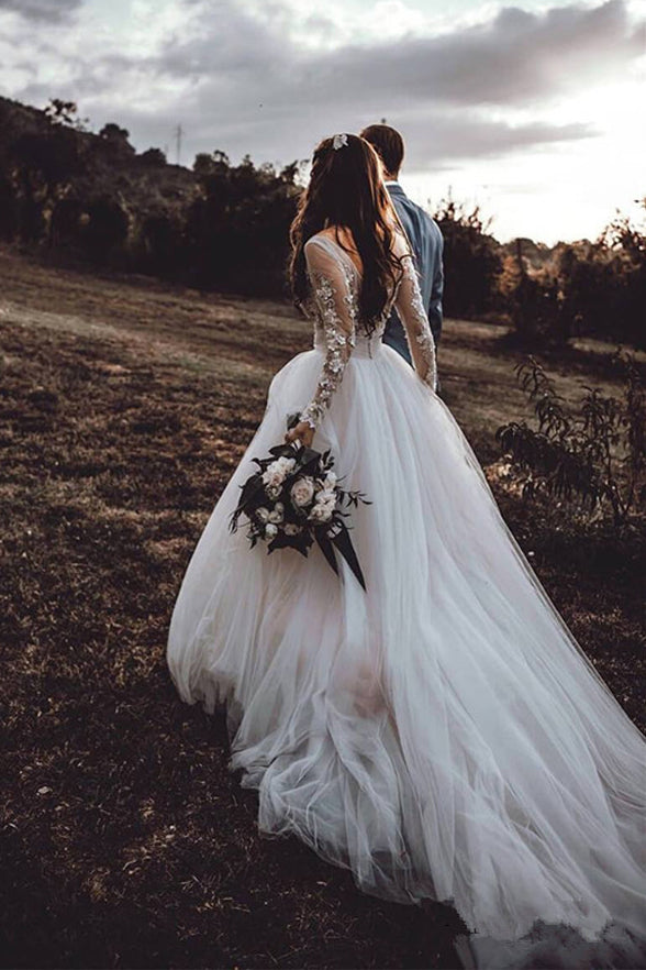 Romantic A Line Long Sleeves Lace Chapel Train Wedding Dresses Bridal –  Laurafashionshop