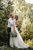 Open Back Half Sleeves A Line Ivory Lace Outside Wedding Dresses Bridal Gown Dress