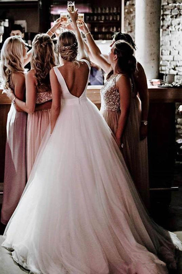 Sparkle Beading A-line V-neck Wedding Dresses Backless Bridal Gowns WD315