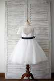Half Sleeves Open Back Ivory Lace Flower Girl Dresses Kids Gowns With Sash