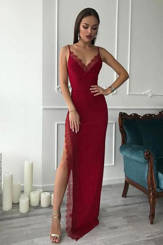 Burgundy V Neck Slit Sheath Long Wedding Prom Dresses Formal Dress