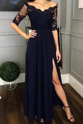 Navy Blue Lace Chiffon Half Sleeves Split Prom Dresses Evening Formal Mother of Bridal Dress
