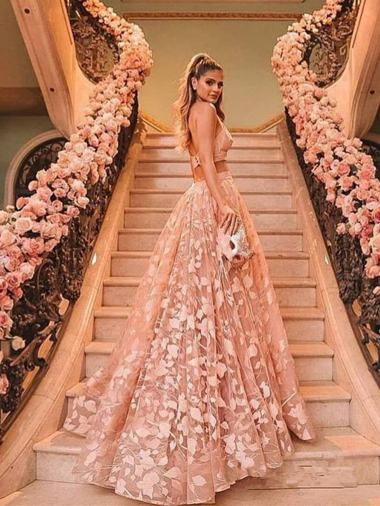 Two Piece Open Back Lace Long Fancy Prom Dresses Formal Wedding